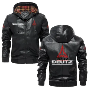 Deutz Exclusive Logo Hooded Jacket PU Leather x Durable Windproof Warm Soft Checkered Lining, Custom Name HG260325Y47JHLCT1DEU