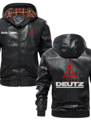Deutz Exclusive Logo Hooded Jacket PU Leather x Durable Windproof Warm Soft Checkered Lining, Custom Name HG260325Y47JHLCT1DEU