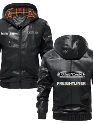 Freightliner Trucks Exclusive Logo Hooded Jacket PU Leather x Durable Windproof Warm Soft Checkered Lining, Custom Name HG260325Y47JHLCT1FLT