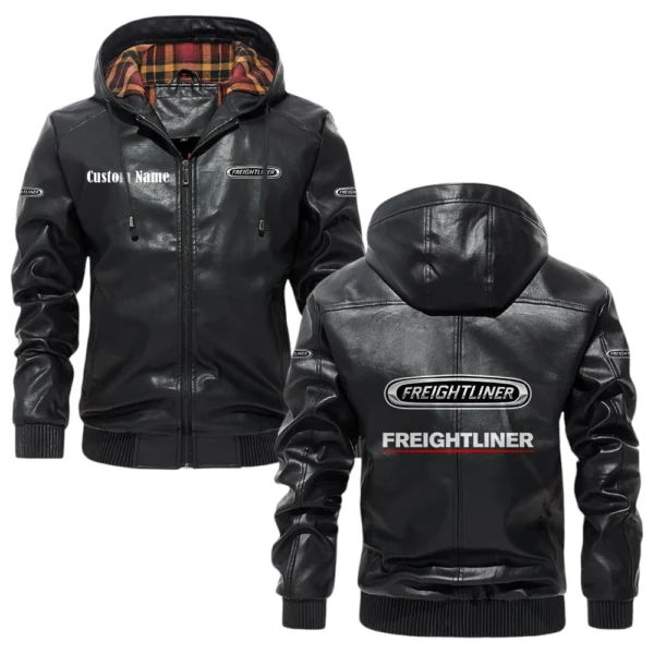 Freightliner Trucks Exclusive Logo Hooded Jacket PU Leather x Durable Windproof Warm Soft Checkered Lining, Custom Name HG260325Y47JHLCT1FLT