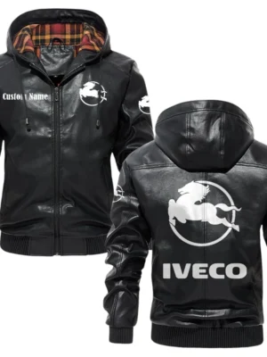 Iveco Exclusive Logo Hooded Jacket PU Leather x Durable Windproof Warm Soft Checkered Lining, Custom Name HG260325Y47JHLCT1IVE