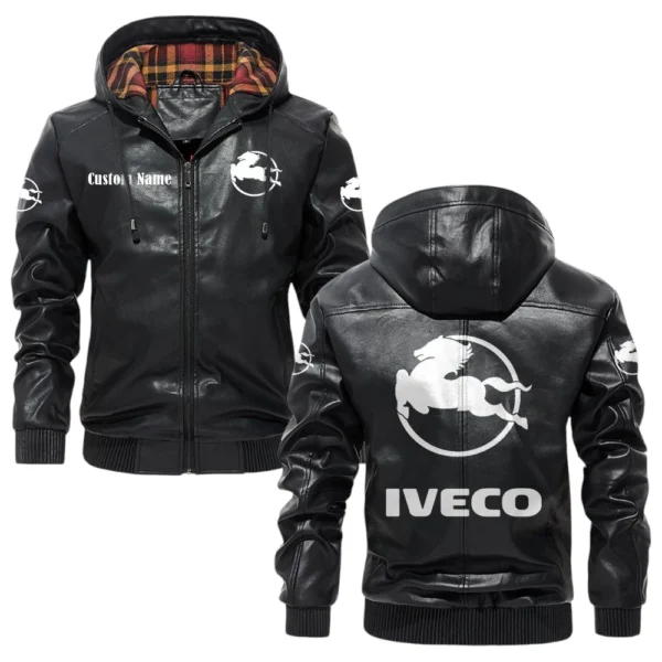 Iveco Exclusive Logo Hooded Jacket PU Leather x Durable Windproof Warm Soft Checkered Lining, Custom Name HG260325Y47JHLCT1IVE