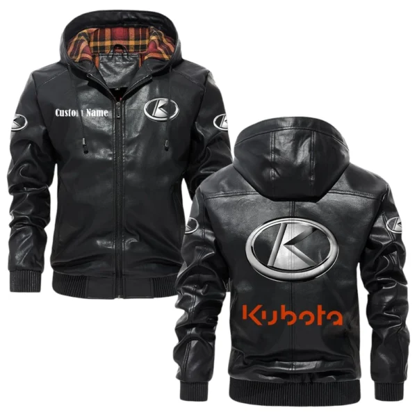 Kubota Exclusive Logo Hooded Jacket PU Leather x Durable Windproof Warm Soft Checkered Lining, Custom Name HG260325Y47JHLCT1KUB