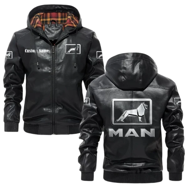 MAN Truck Exclusive Logo Hooded Jacket PU Leather x Durable Windproof Warm Soft Checkered Lining, Custom Name HG260325Y47JHLCT1MAT