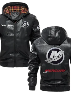Mercury Marine Exclusive Logo Hooded Jacket PU Leather x Durable Windproof Warm Soft Checkered Lining, Custom Name HG270325Y47JHLCT1MEM