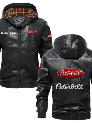Peterbilt Exclusive Logo Hooded Jacket PU Leather x Durable Windproof Warm Soft Checkered Lining, Custom Name HG270325Y47JHLCT1PEM