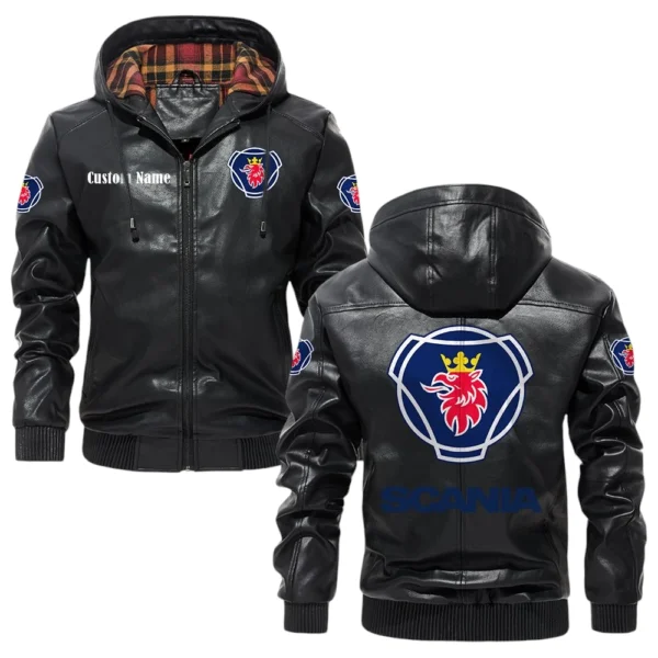 Scania Exclusive Logo Hooded Jacket PU Leather x Durable Windproof Warm Soft Checkered Lining, Custom Name HG270325Y47JHLCT1SCA