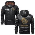 Scania V8 Exclusive Logo Hooded Jacket PU Leather x Durable Windproof Warm Soft Checkered Lining, Custom Name HG270325Y47JHLCT2SCA
