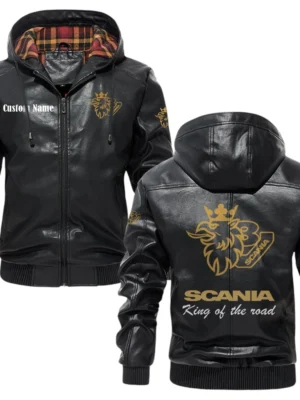 Scania V8 Exclusive Logo Hooded Jacket PU Leather x Durable Windproof Warm Soft Checkered Lining, Custom Name HG270325Y47JHLCT2SCA