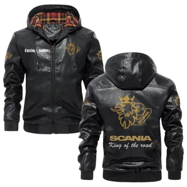 Scania V8 Exclusive Logo Hooded Jacket PU Leather x Durable Windproof Warm Soft Checkered Lining, Custom Name HG270325Y47JHLCT2SCA