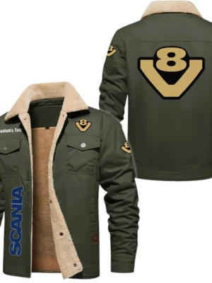Scania V8 Exclusive Logo Fleece-lined Thick Jacket, Fur Lapel Collar Keep Warm Custom Name TN170325Y10FLJCT1SCA