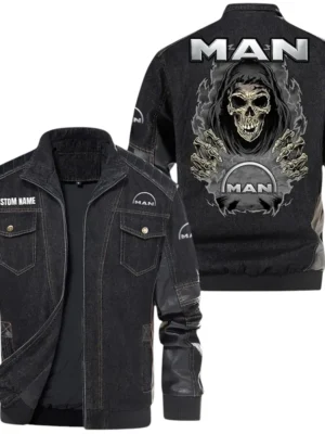 Vintage MAN Truck Denim Jacket Sleeve PU Leather, Stand Collar Multi Pocket Custom Name TN150325Y34J91BLCT1MAN