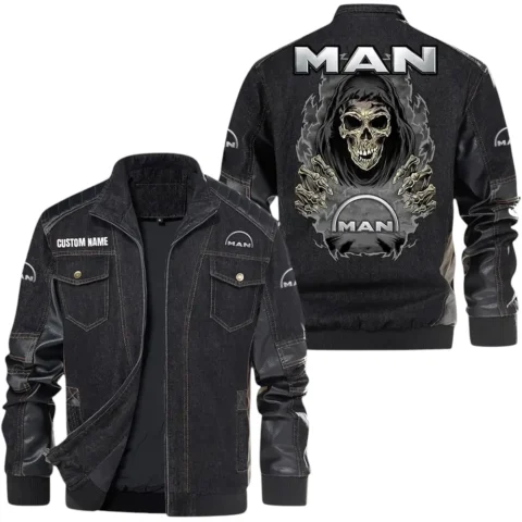 Vintage MAN Truck Denim Jacket Sleeve PU Leather, Stand Collar Multi Pocket Custom Name TN150325Y34J91BLCT1MAN