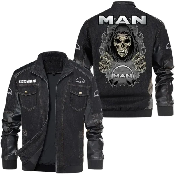 Vintage MAN Truck Denim Jacket Sleeve PU Leather, Stand Collar Multi Pocket Custom Name TN150325Y34J91BLCT1MAN