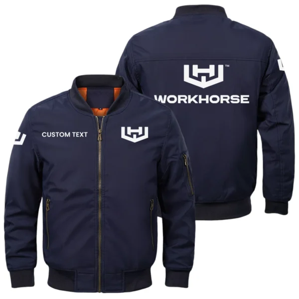 Workhorse Trucks Exclusive Logo Men Bomber Jacket Windproof Coat Multi Pockets, Custom Name HIDI010425Y51BJ2WHT